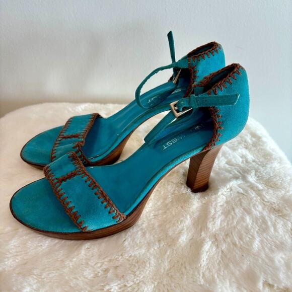 Nine West Strappy Block Heel Pumps Blue Suede Brown Stitching Size 8.5 M - Picture 3 of 7